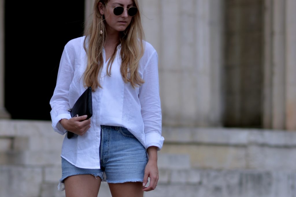 White shirt and store jean shorts